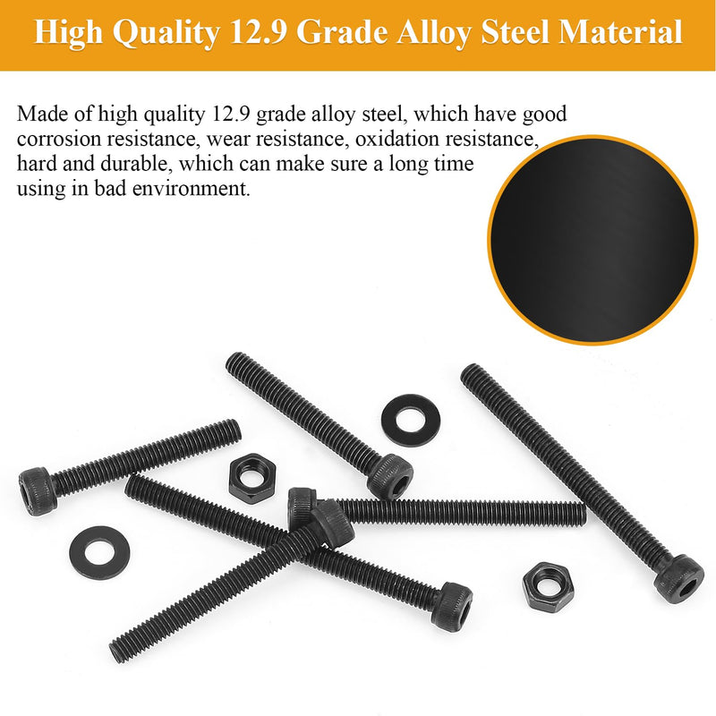 185 Pieces M4 x 30/35/40/45/50mm Hex Socket Head Cap Screws Nuts Washers Set Black, Sutemribor M4 Long Screws, M4 Black Screws Nuts Washers Assortment Kit, 12.9 Grade Alloy Steel, Fully Threaded M4 Long Screws Kit