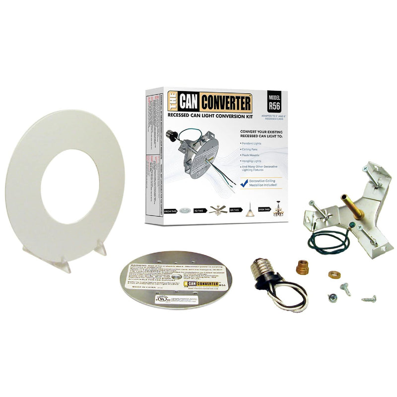 R56, Recessed Can Light Conversion Kit, for Ceiling Light Fixture, Pendant Light, Hanging Light, Ceiling Fan, with 7’¾ Inch Flat, Steel, Ceiling Medallion, White