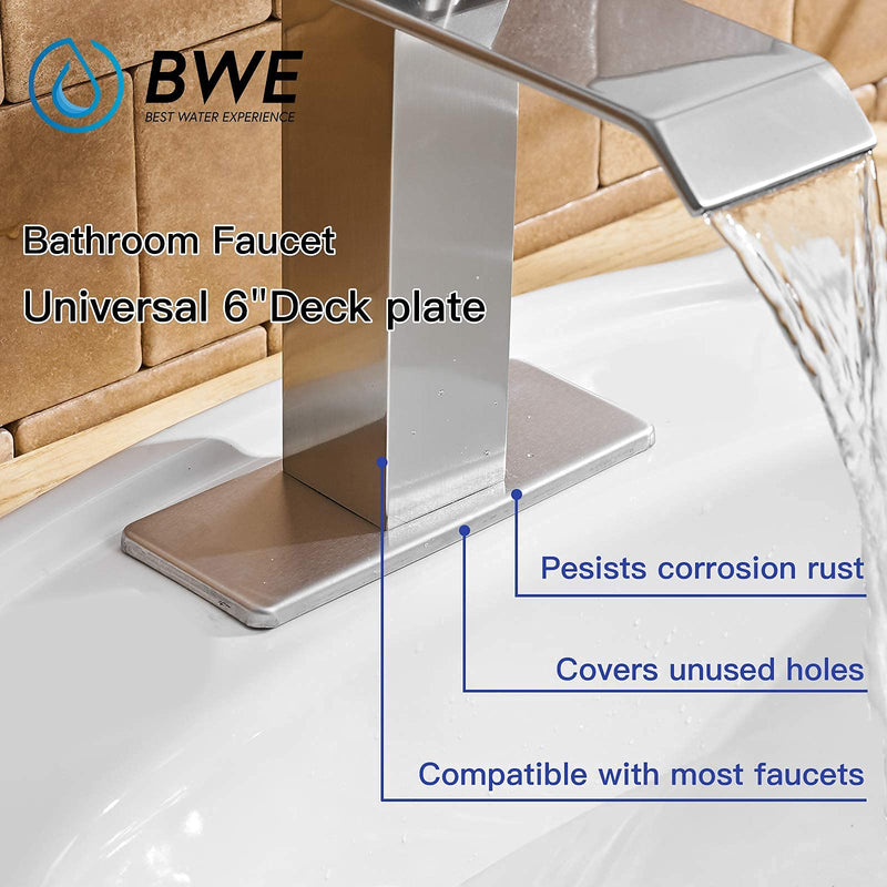 BWE 6” Faucet Cover Escutcheon Brushed Nickel Stainless Steel Deck Plate for Bathroom Sink 1 Hole or 4 Inch 3 Holes Centerset Sink Modern Rectangular Vanity Basin Sink Hole Cover Cap