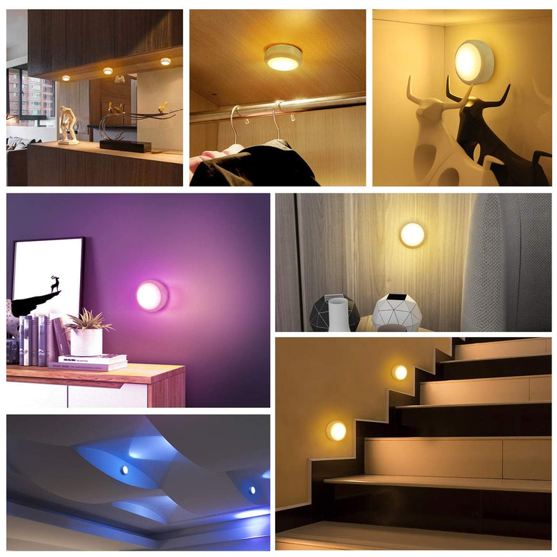 BLS LED Puck Lights with Remote Control, Wireless Under Cabinet Lighting, Battery Powered Lights, Stick on Lights, Color Changing Lights with Dimmer and Timer, AA Battery Operated Closet Light, 6 Pack RGB -6 Pack(White Shell)