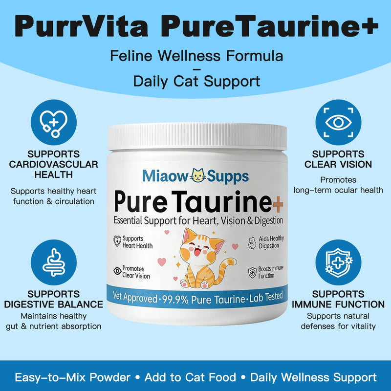 Taurine for Cats, Pure Taurine Supplement for Cats, Coat Health, Improve Eyesight, Increase Vitality, Enhance Heart Health, for All Cat Ages & Breeds, 200g