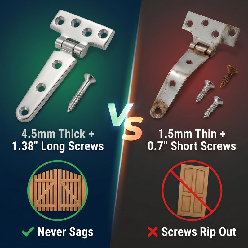 6" Heavy Duty T Hinges, 316 Stainless Steel Strap Hinges for Boat, Barn Door & Wooden Gate, Rustproof Polished Tee Hinge with Extra-Long 1.38" Screws (0.17" Thick), 2 Pack