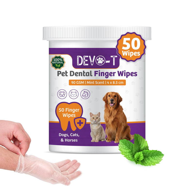 DEVO-T 100% Natural Dog Teeth Cleaning Wipes Mint Scented | 50 Count | Pet Teeth Cleaning Finger Wipes for Dogs, Cats & Horses | Remove Bad Breath, Plaque & Tartar Buildup | Dog Dental Wipes Finger