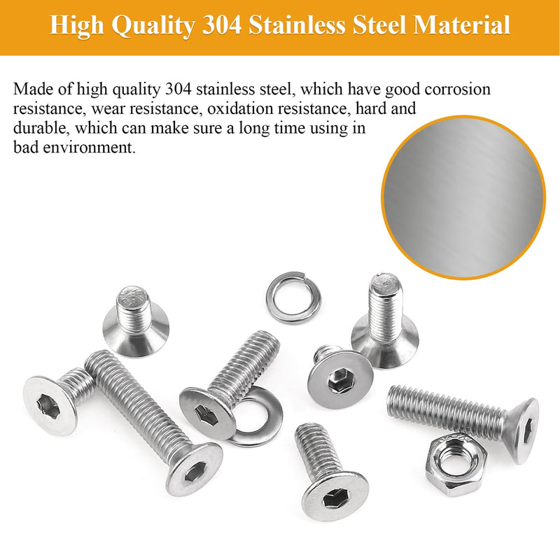 150 Pieces M6 Screws Nuts Washers Set, Sutemribor M6 x 8/10/12/16/20/25/30mm Countersunk Head Socket Cap Screws Nuts Washers Assortment Kit, 304 Stainless Steel, Fully Threaded