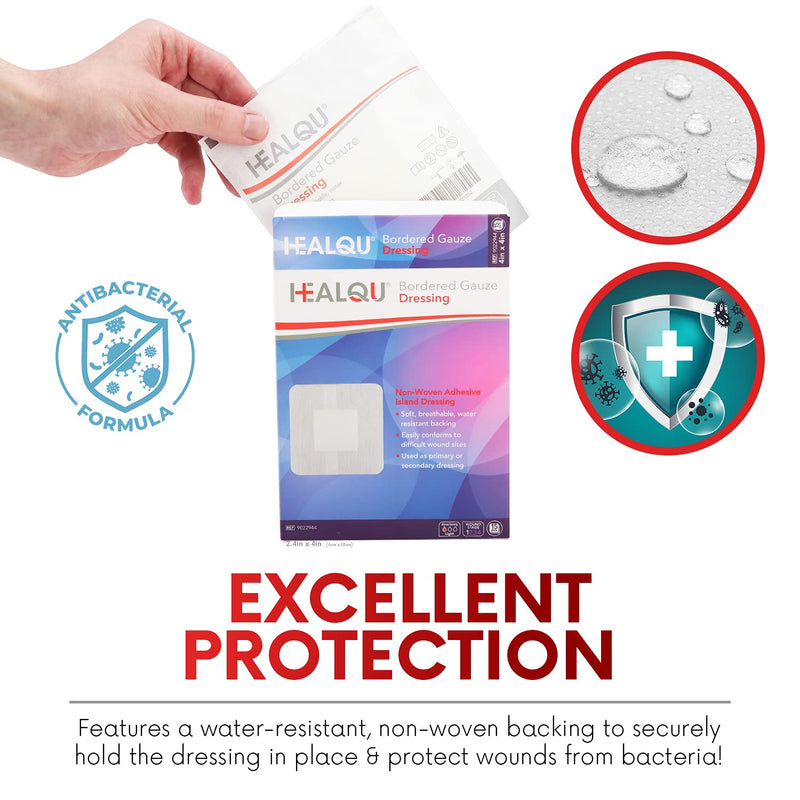 HEALQU Bordered Gauze Island Dressing - 50 Count, 2.4"x4" Sterile Individually Wrapped Gauze Pads with Water-Resistant, Non-Woven Backing - Soft and Breathable Wound Dressing for First Aid & Medical 2.4x4" (2x1" pad) Box of 50