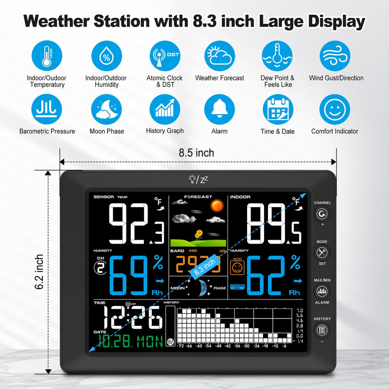 Urageuxy Weather Station Wireless Indoor Outdoor Thermometer with Digital Atomic Clock, Home Weather Station with Large Display, Barometer, Weather Forecast, Adjustable Backlight for Home