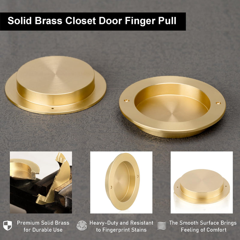 QOGRISUN 4-Pack Solid Brass Finger Pulls for Sliding Doors, 2-1/8 Inch Flush Recessed Handle, Brushed Gold Closet Door Hardware, Round Cup Pull for Cabinet, Drawer, and Pocket Doors