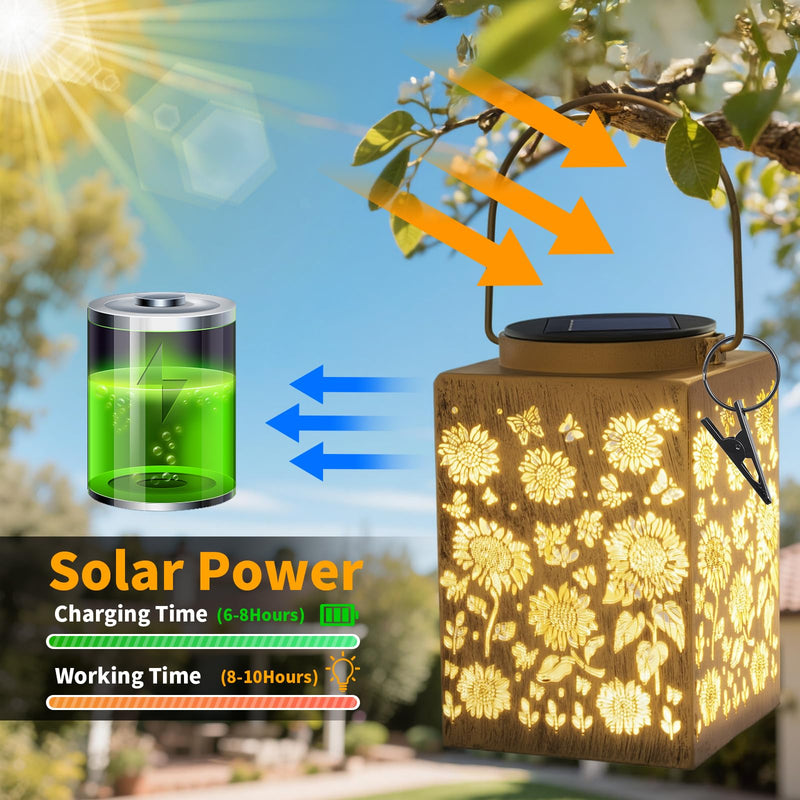 2 Pack Solar Lanterns - Waterproof Metal Hanging Solar Lights Outdoor Decorative, Solar Powered LED Lamp for Patio Tabletop Porch Deck Yard Garden Decor for Outside (Sunflower) Sunflower