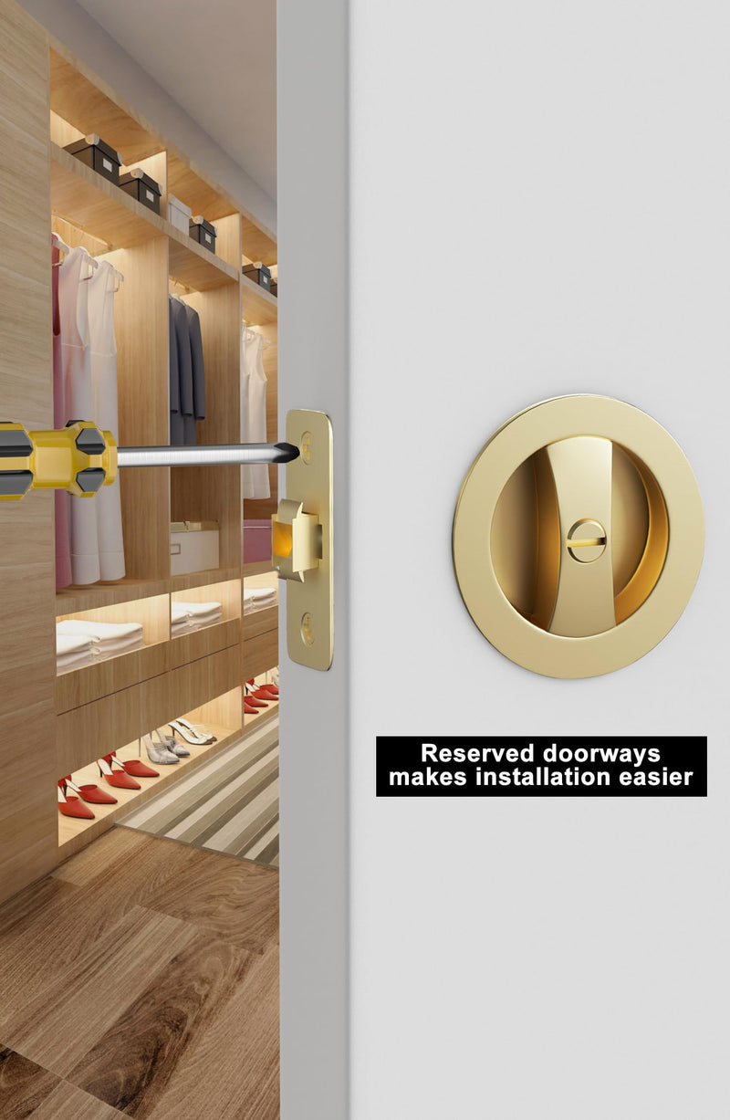 goldenwarm Brushed Gold Pocket Door Lock, Zinc Alloy Gold Pocket Door Hardware(2-3/8" Backset), Pocket Door Handles Round Pocket Door Locks for Bathroom for Closet Door Lock - 1 Pack