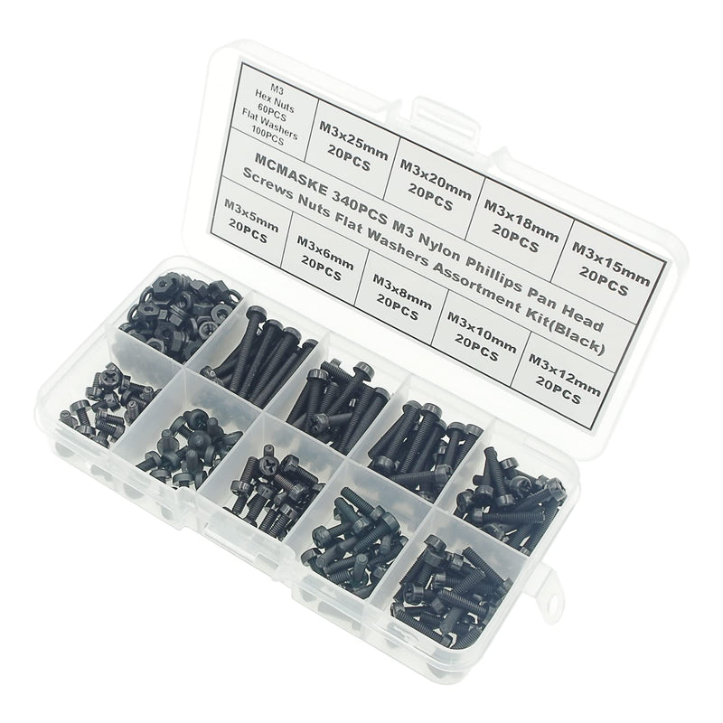 Metric M3 Phillips Pan Head Nylon Screws Nut Washer Assortment Kit,Screws Length:5mm to 25mm(Black)