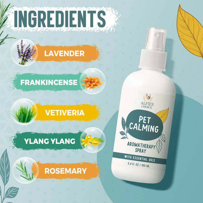 ALFIE'S CHOICE Pet Calming Aromatherapy Spray for Dogs | 3.4 fl oz Travel Size | Lavender & Valerian Aromatherapy Mist | for Crate, Car & Vet Visit Comfort