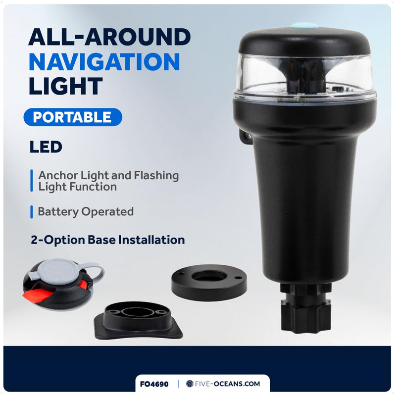 Five Oceans Portable Anchor Light - Stern Lights for Boats, LED Anchor Light and Signal Flashlight Function, 2-Option Base Installation for Inflatable Boat, Small Tender, Canoe, Kayak - FO4690