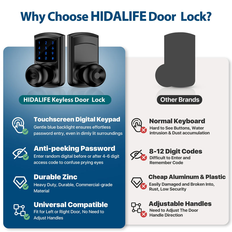 Hidalife Keyless Entry Door Lock with Code, Keypad Door Lock with Handle, Touchscreen Digital Lock with Keypad for Front Door, Auto-Lock, Matte Black