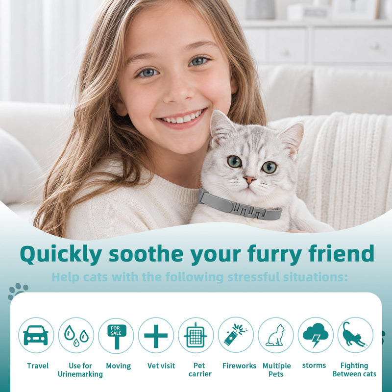 Calming Collar for Cats 4 Pack, Pheromone Stress Relief Collar for Indoor Cats, 15-Inch Adjustable Breakaway Design, 120-Day Support for Travel, Vet Visits, Moving, Fireworks Grey