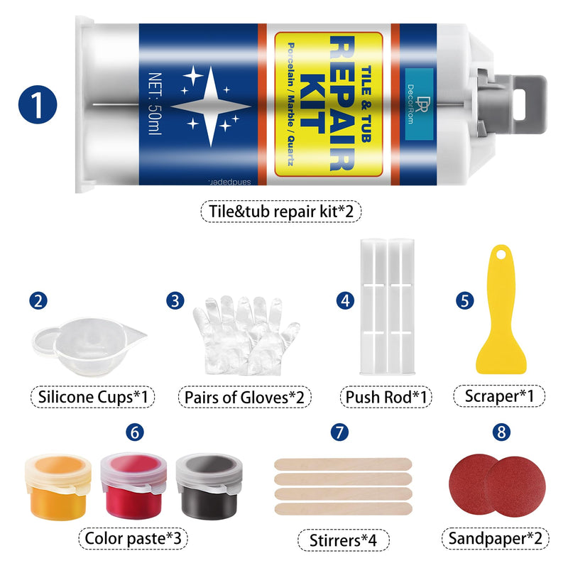 Porcelain Repair Kit - 3.4oz Tile and Fiberglass Tub Repair Kit, Fast Repair Granite and Quartz Countertop Chip Repair Kit for Cracks, Dents, Holes on Ceramic Bathtub Sink, Marble, Acrylic, Granite