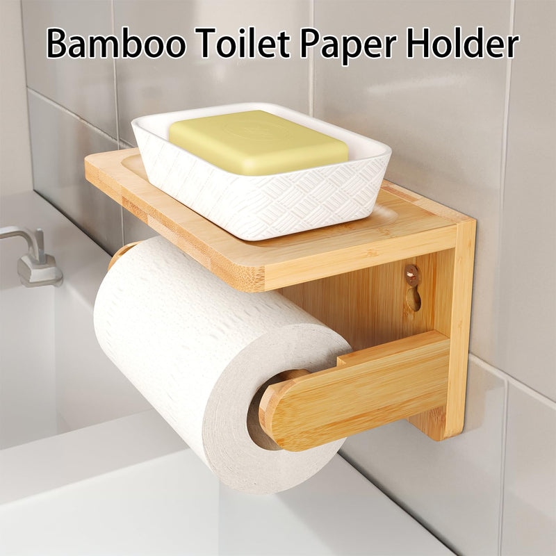 Drill-Free Toilet Paper Holder with Phone Shelf Bamboo Wall-Mounted, No-Drill & Drillable, Bathroom Storage Organizer, Space Saver Tissue Roll Rack for Bathroom, Kitchen, Home Decor (Natural) Natural