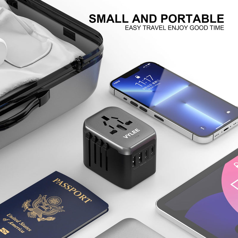 Universal International Power Travel Plug Adapter, 5 in 1 European Travel Plug Adapter W/ 3.5A 2xUSB-A and 2xUSB C Wall Charger and Worldwide AC Outlet for Europe USA UK AUS Asia (Black Grey) Regular Black Grey