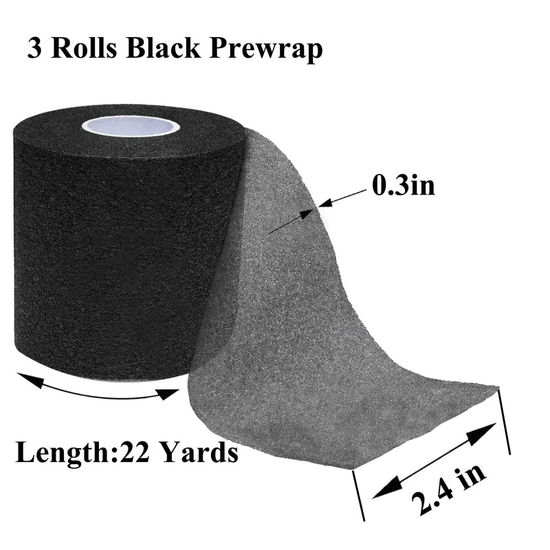 Pre Wrap Tape Athletic,3 Rolls X 22 Yards Black Prewrap Headbands for Hair,Foam Underwrap Sports Wrap 3 Rolls X 22 Yards Pre Wrap Black