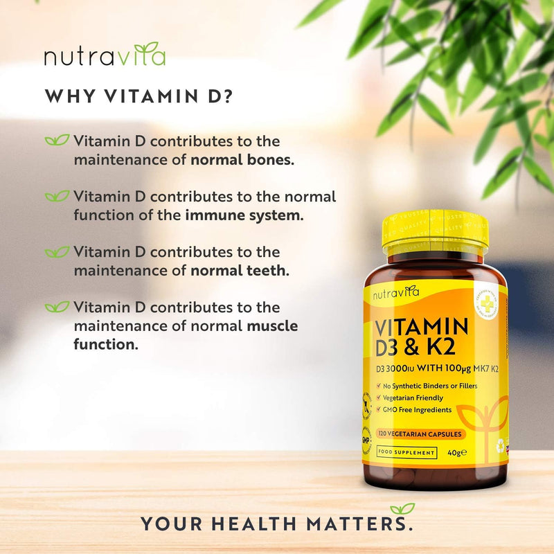 Vitamin D3 4000 IU & Vitamin K2 100ug MK7 (K2VITAL®️) - Clinically Proven Ingredients – Max Strength - 120Capsules – Supports Normal Immune System – Cholecalciferol & Menaquinone-7 – Made in The UK