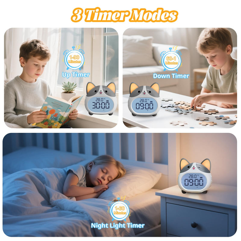 AVEKI Alarm Clocks for Kids - Cute Dog Clock with Night Light, 6 Alarm Tones, Snooze, Timer, Date and Temperature Display - Rechargeable Battery Operated Digital Clocks for Bedroom Kids Room Gray