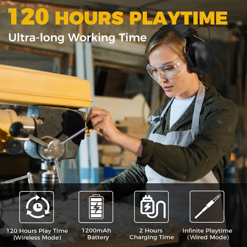 Bluetooth 6.0 Hearing Protection with 120H Working Time, 30dB Safety Earmuffs, Rechargeable Ear Protection Headphones with Mic for Mowing, Workshops, Construction, Snowblowing, Black