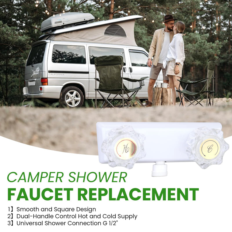 RV Shower Faucet, Dual-Handle Camper Shower Faucet with Acrylic Knobs, 4" RV Shower Valve Diverter, RV Outdoor Shower for RV, Camper Van, Outside and Inside Bathroom Shower (White) White