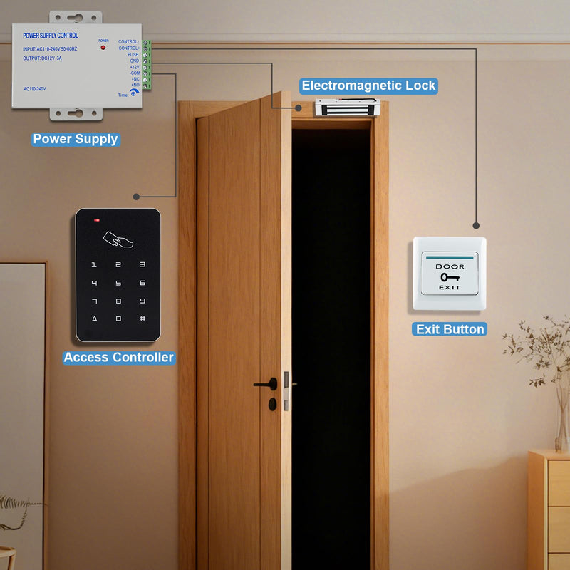 Door Access Control System Kit, RFID Keyboard with Rain Cover, 180/350lbs Magnetic Lock, DC12V Power Supply, 10Pcs 125KHZ ID Keyfobs,Door Safety Switch Applies to Outdoor
