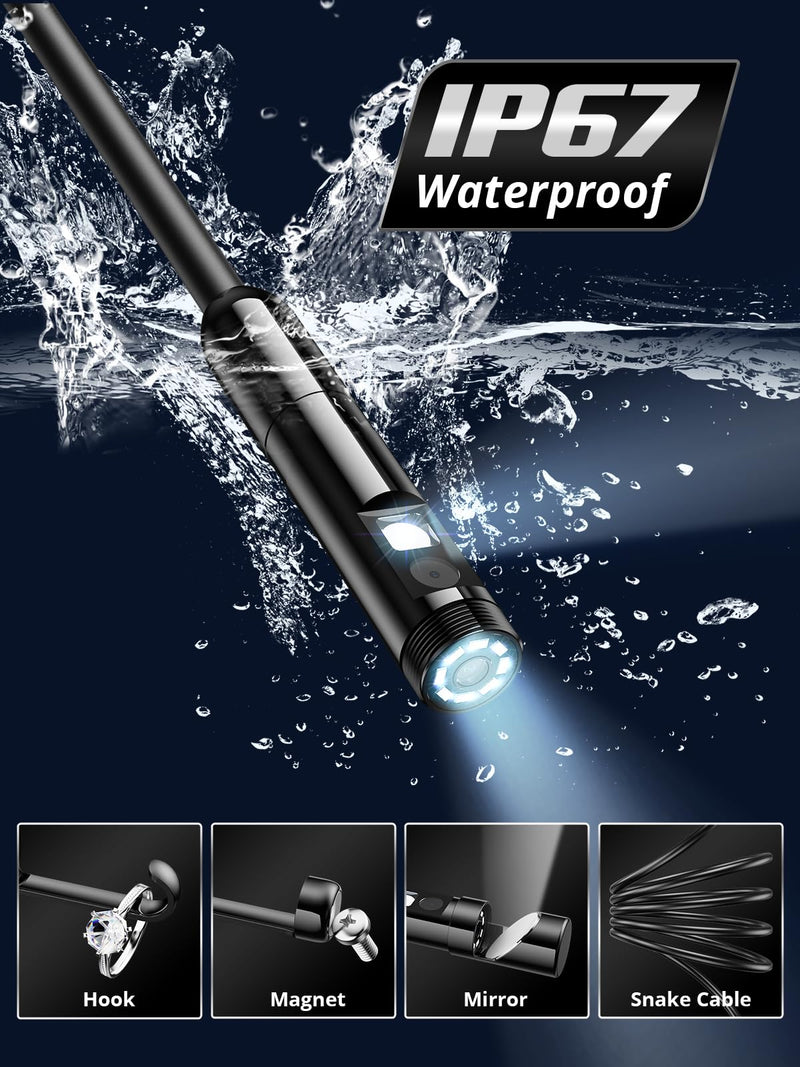 Endoscope Camera with Light, Dual-Lens 1920P HD Borescope with 8 Adjustable LED Lights, IP67 Waterproof Boroscope Inspection Camera Tools, 16.4ft Semi-Rigid Snake Camera for iOS & Android 16.4FT Snake Camera