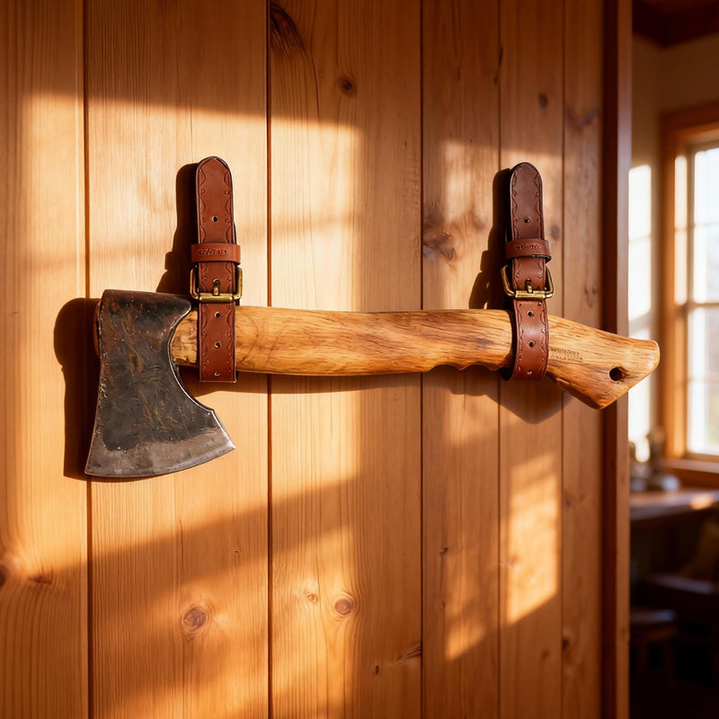 Leather Axe Hangers, Adjustable Wall Straps for Hatchets Tools Gun Display | Adjustable Brass Buckle, Pre-made Hanging Hole , Screw Installation,Set of Two Straps,Stylish Storage & Display, Multi-use