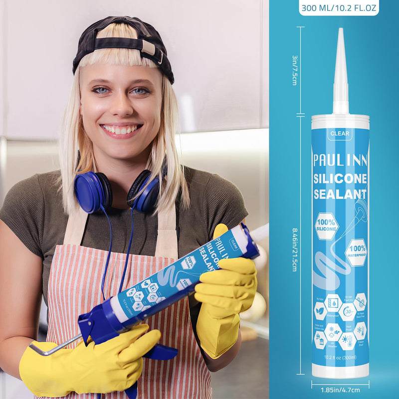 PAULINN Clear Silicone Sealant, 100% Waterproof Silicone Adhesive Caulk for Rv Marine Home Window Roof Door Kitchen Bathroom Bathtub Shower Auto Leak Seal, 10.2 Oz, 1 Packs