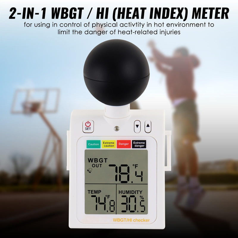 Wet Bulb Thermometer 2-in-1 WBGT + HI Heat Index Checker Heat Stress Meter, Wearable Indoor Outdoor Wet Bulb Globe Thermometer Humidity Tester with Four Level Indicator and Audible Alarm