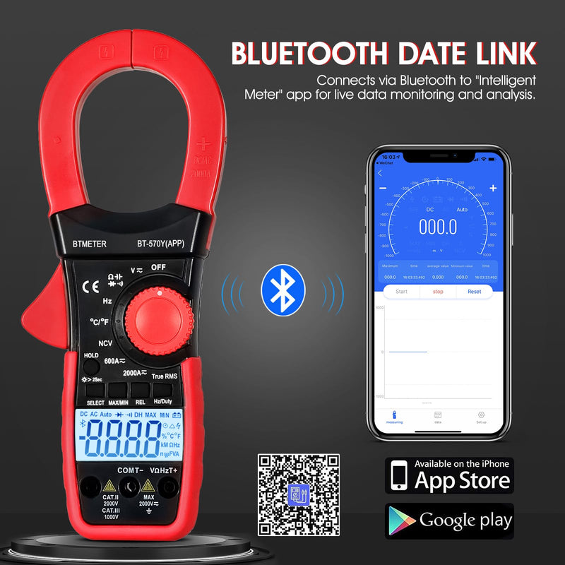 BTMETER Digital Clamp Meter Multimeter, 6000 Counts Bluetooth Multimeter, 2000A AC/DC Amp Tester, Measures Voltage, Ohms, Capacitance, Frequency, Temperature, NCV with Data Logging 570Y-APP
