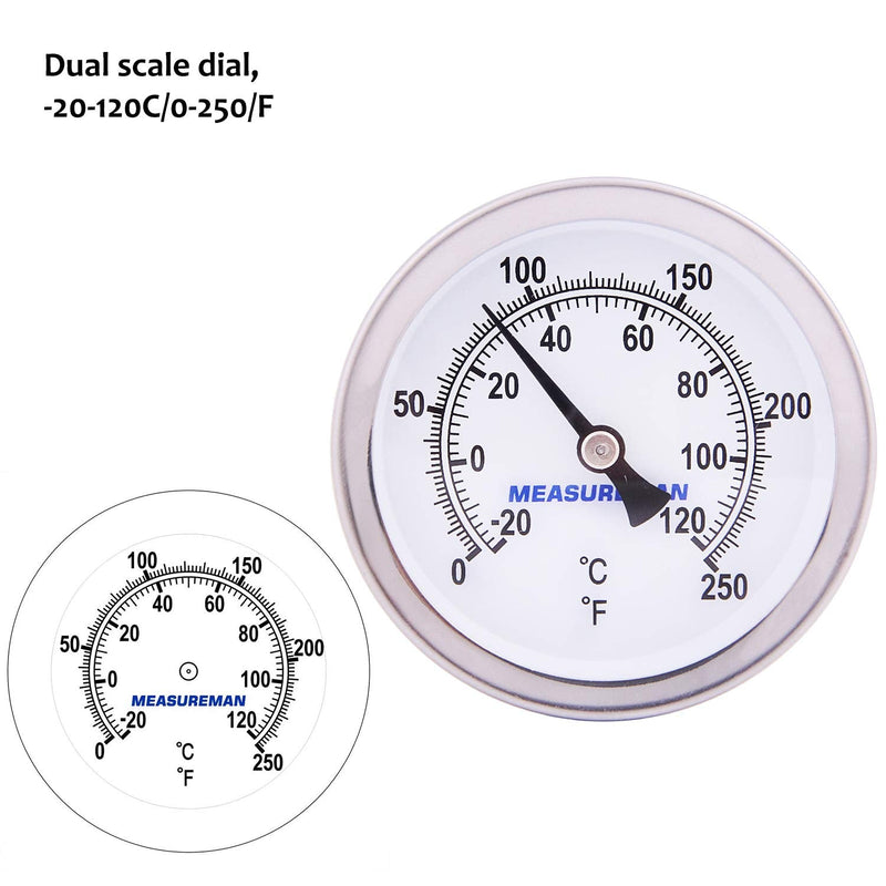 MEASUREMAN Hot Water Bi-Metal Thermometer, 2-1/2" Dial, 1-3/4" Lead-Free Brass Stem, Range 0-250 deg F/-20-120 deg C, 2% Accuracy, Adjustable, 1/2" NPT Back Mount 1-3/4" Stem