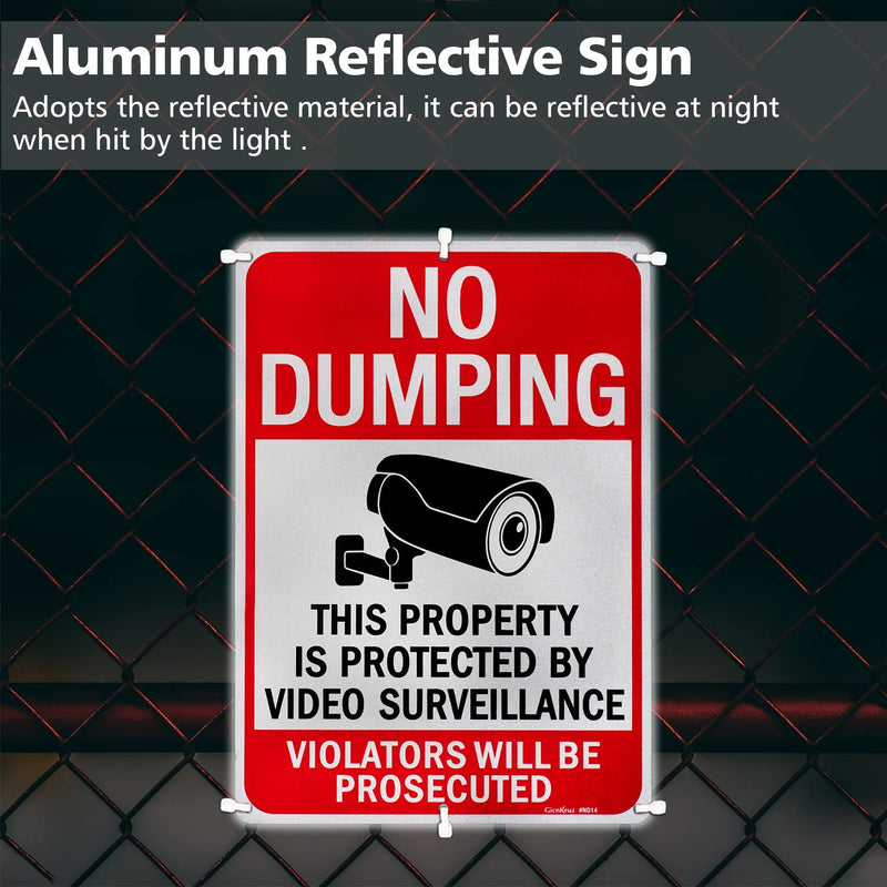 GicnKeuz Large No Dumping signs, 14x10 Inches Property Protected by Video Surveillance signs, Reflective Aluminum, Fade Resistant/Waterproof, Indoor or Outdoor Use (2-Pack) RED 2 PACK