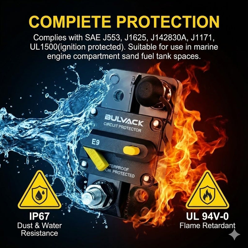 E9 3/8" Studs 300 Amp Circuit Breaker with Manual Reset for Automotive Boat ATV Vehicles Stereo Car Audio | 12V - 48V DC | Waterproof IP67 Switchable Hi-Amp 300A - Extended Surface Mount