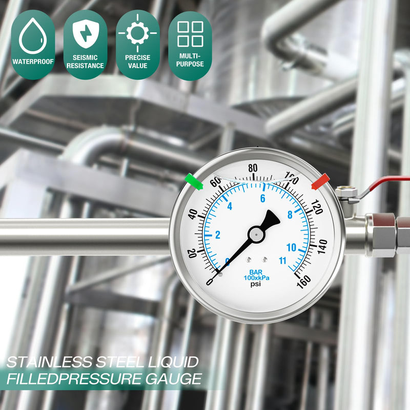 0-160PSI Stainless Steel Liquid Filled Pressure Gauge, 4" Dial Size, 1/4" NPT Back Mount, for Tube, Water Pump, Gas, Liquid, Pressure Test (with Range Mark Pointer) 0-160 psi Back Mount - 4" Dial