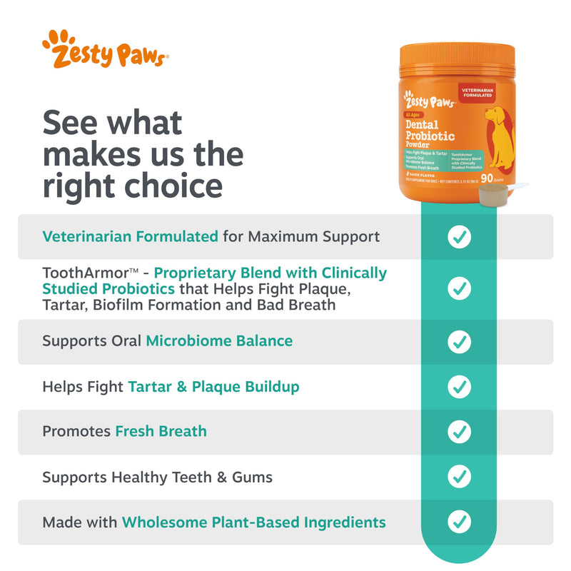 Zesty Paws Probiotic Dental Powder for Dogs Teeth - Fights Plaque, Tartar & Bad Dog Breath - Dog Teeth Cleaning Powder for Oral Microbiome & Gut Health - Pet Supplement for Dental Health 90 Count (Pack of 1)