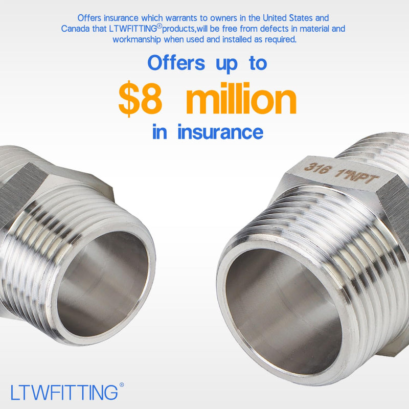 LTWFITTING Bar Production Stainless Steel 316 Pipe Hex Nipple Fitting 1" Male NPT Water Boat (Pack of 5)