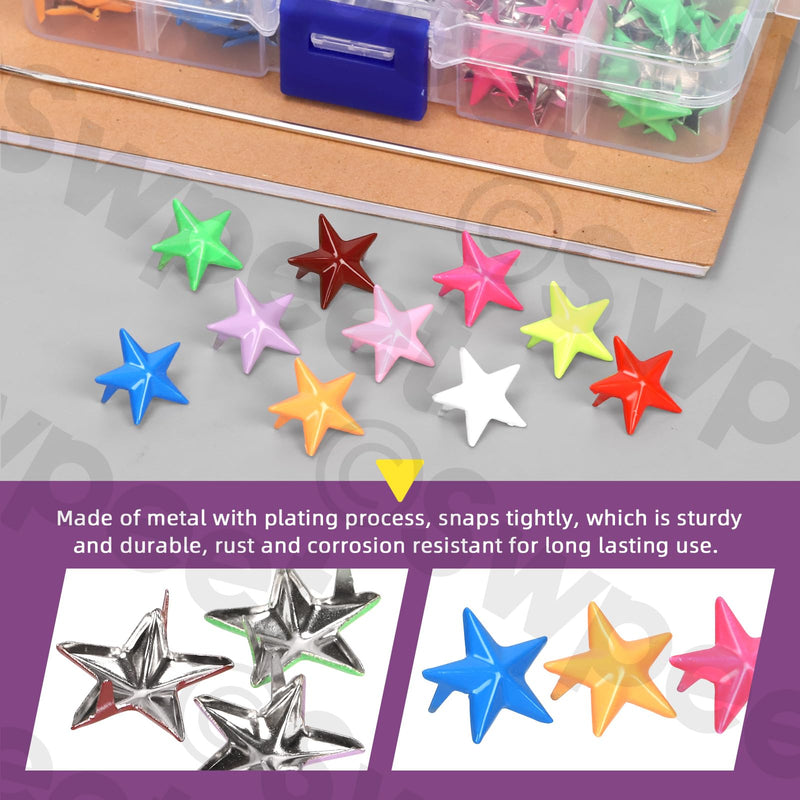 Swpeet 151Pcs 15.7mm 10 Colors Metal Star Studs Claw 5-Claw with Large Eye Needles Kit, Hand Pressed Punk Studs Rivets, Leather Rivets Ideal for DIY Leather Clothing Dog Collars Bracelets
