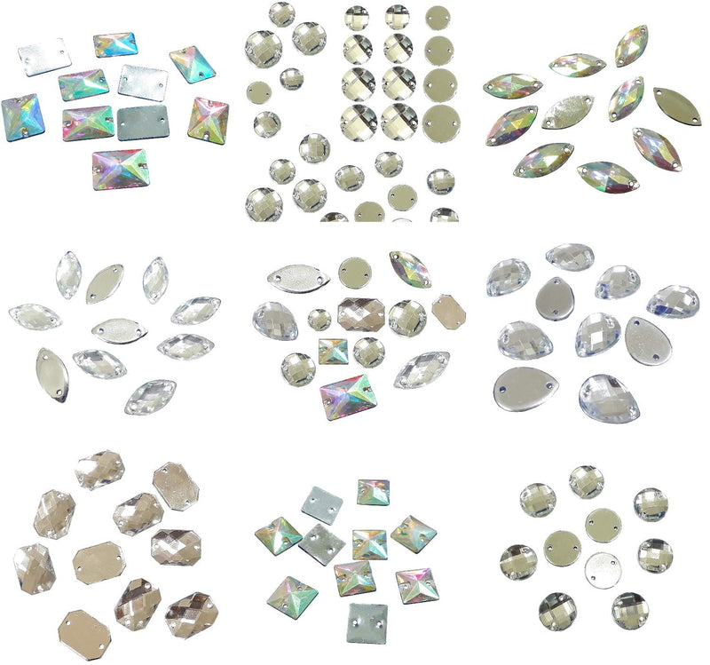Perlin Rhinestone Gems for Sewing 2 Holes Buttons 100 Pieces Crystal Acrylic Stones Flat Back Faceted Mixed Shapes Set Crystal and Crystal AB Sewing Buttons