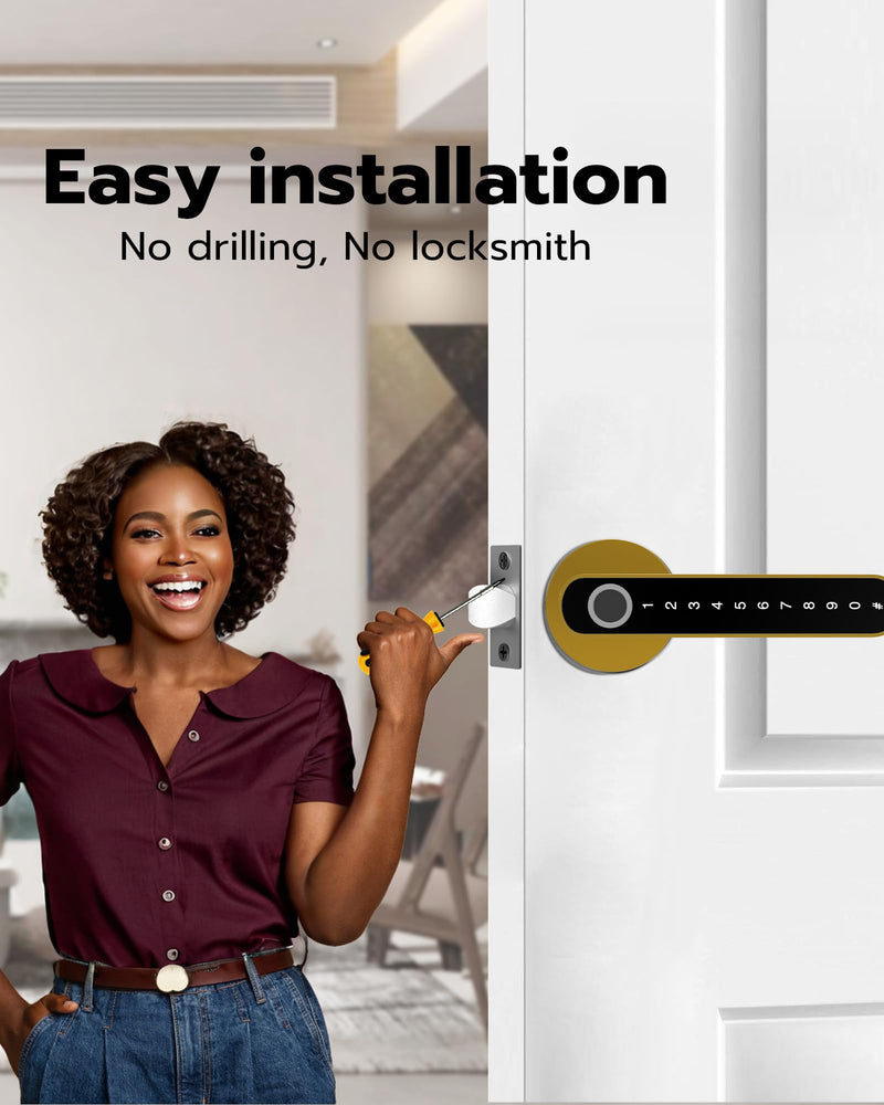 Fingerprint Handle Door Lock Smart Door Lock Levers eLinkSmart Digital Keyless Entry Door Knob Watch App Open Knob Lock for Bedroom Gold