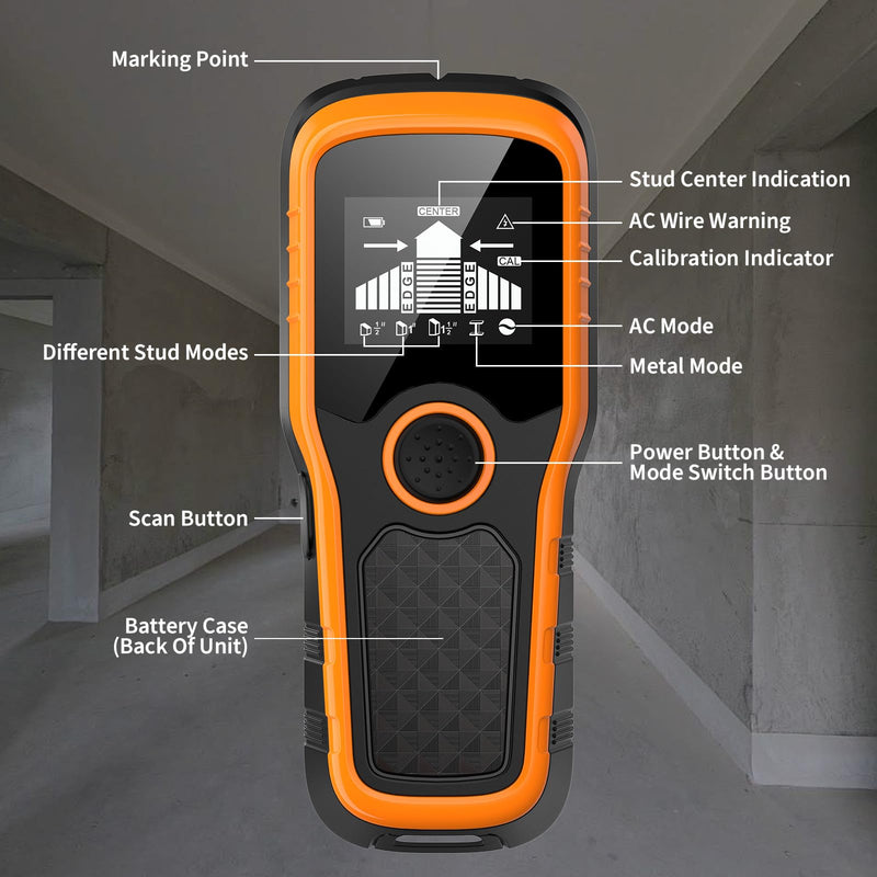 Stud Finder Wall Scanner, Advanced 5-in-1 Detector for Wood, Metal, Joists, Pipes, and AC Wires, Upgraded New version Intelligent Chip, High-Definition LCD Display Screen & Audible Alarm Orange