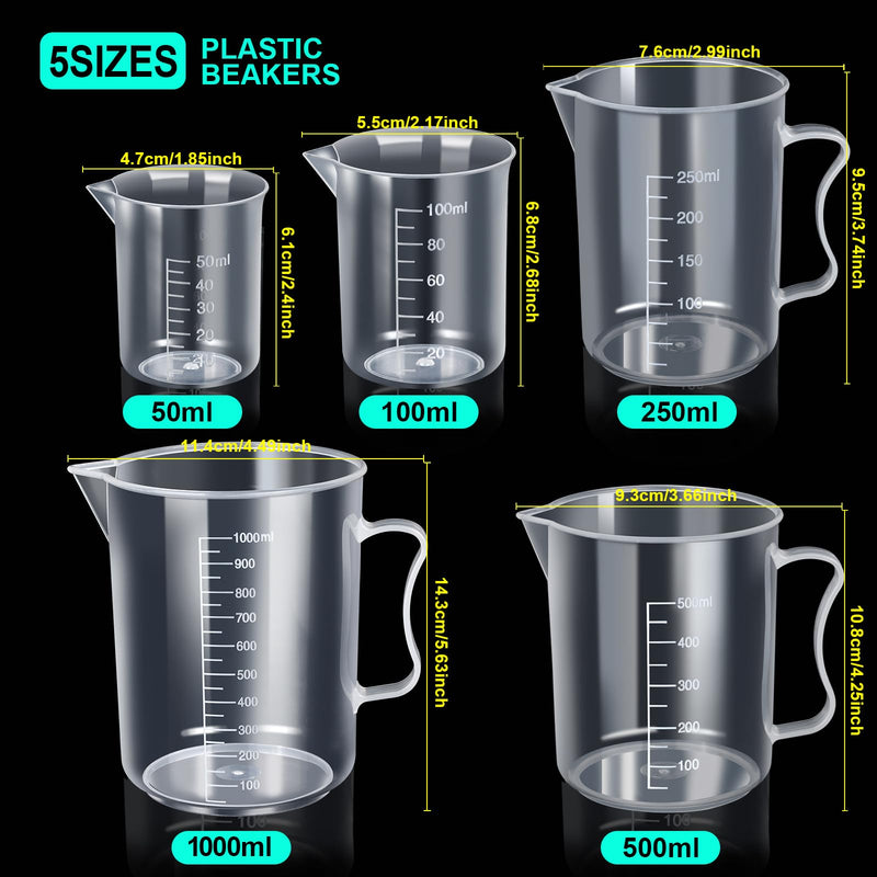 Teenitor Graduated Cylinder Plastic Beaker, 5pcs Plastic Graduated Cylinder 10ml 25ml 50ml 100ml 250ml and 5pcs Plastic Beakers 50ml 100ml 250ml 500ml1000ml Clear 10pcs