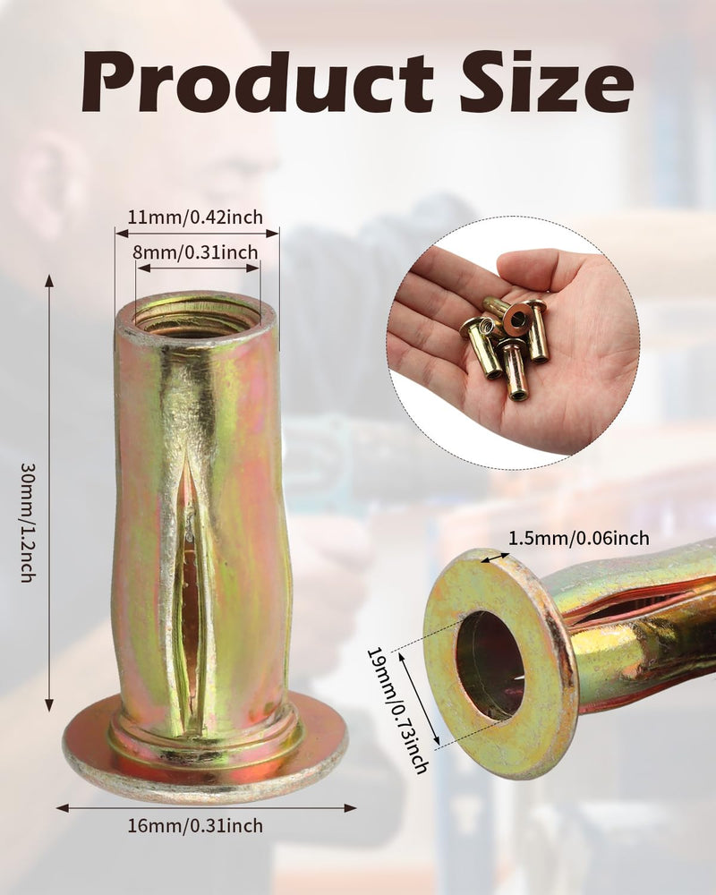50 Pack Multi-Grip Rivet Nut Kit, 5/16-18 Rivet Nut Steel Pre-Bulbed Shank, Plus Nut Color Zinc Plated Flat Head Threaded Insert Nut