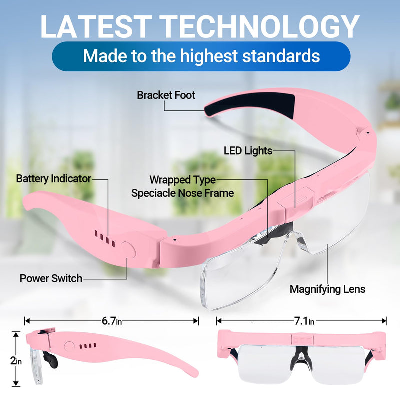 YOCTOSUN Magnifying Glasses with Light, Rechargeable Magnifying Headset with 5 Detachable Lenses 0.75X-4.0X and 3 LED Lights, Hands Free Headband Magnifier for Close Work Hobby Crafts Jewelry Pink