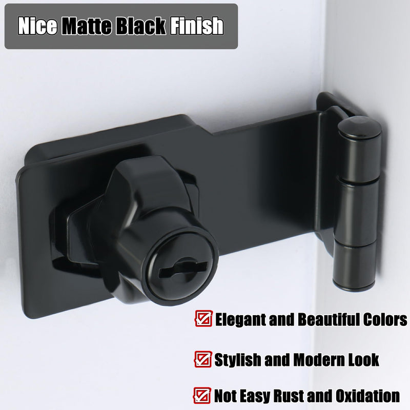 Alise Keyed Hasp Lock Right Angle 90°,4 Inch Safety Packlock Clasp Hasp Lock Latch with Lock, Black Door Hinge Lock with Keys Keyed Locking Hasp for Cabinets Closets Doors 4 Inch