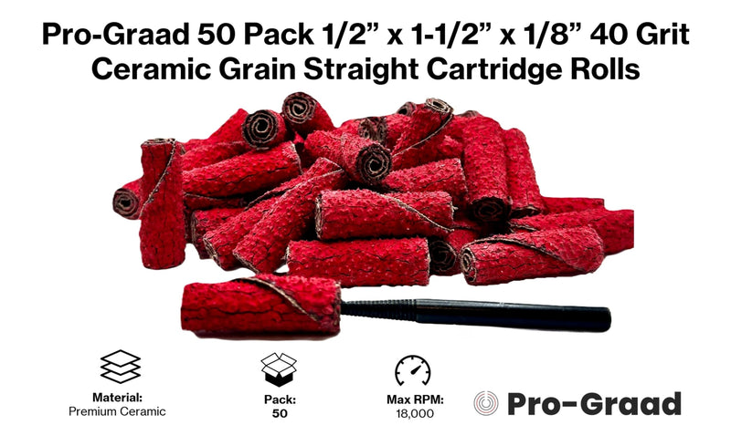50 Pack 1/2” Diameter x 1-1/2” Length x 1/8” Pilot Hole 40 Grit Ceramic Grain Straight/Untapered Cartridge Roll, Pack of 50, Includes 1x CR-9 Mandrel 1/2" x 1-1/2" x 1/8" 40 Grit Straight