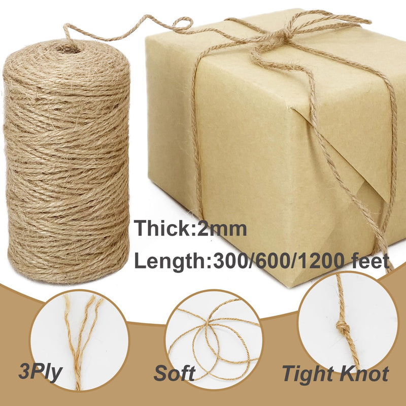 Leecogo 2mm Jute Twine 300 Feet 3Ply Twisted Heavy Duty Brown Twine String Ribbon for Arts Crafts DIY Project Gardening Packing Materials 300.0 Feet