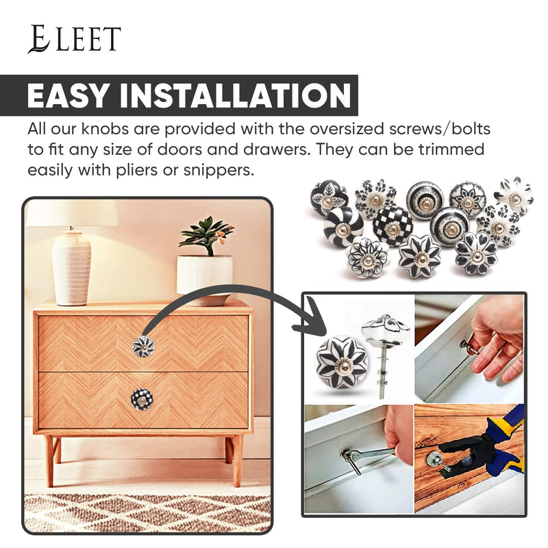 Eleet Designer Ceramic Cabinet Knobs - Pack of 12 Black & White Hand Painted Vintage Cabinet Cupboard Door & Drawer Pulls Chrome Hardware (12, Black &White) Ceramic Knobs Set of 12 - NewNest Australia