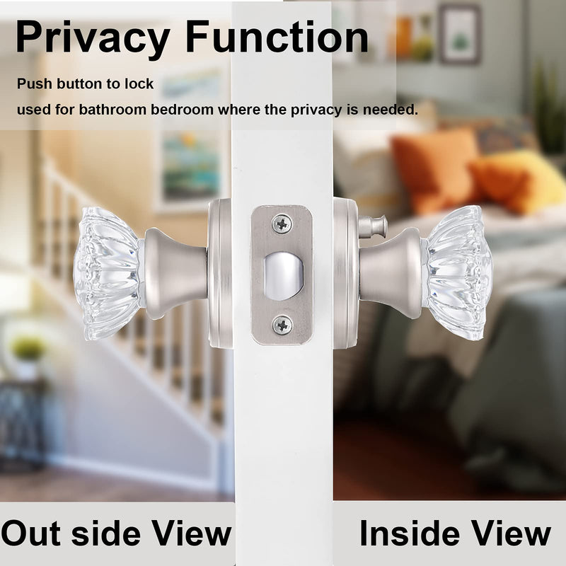 Privacy Glass Door Knobs Interior,Clear Crystal Door Knobs with Lock for Bedroom/Bathroom（Satin Nickel, 1 Pack Privacy 1Pack Satin Nickel